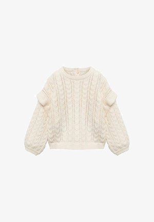 Maglione crema in maglia a treccia con scollatura tonda, maniche a sbuffo e orlo a costine. Presenta schemi testurizzati su tutto il capo.