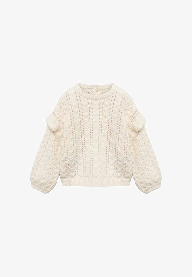 Kremno barvan pulover z pletenim vzorcem, okroglo izrezan, s puhastimi rokavi in rebrastim robom. Ima teksturirane vzorce po celotnem puloverju.