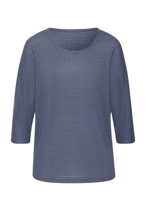 Blaues strukturiertes Stricktop mit weitem Rundhalsausschnitt und Dreiviertelärmeln. Das locker geschnittene Design weist ein gitterartiges Muster auf.