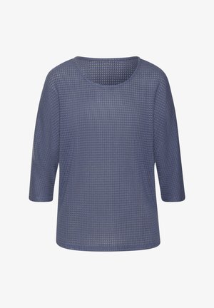Blaues strukturiertes Stricktop mit weitem Rundhalsausschnitt und Dreiviertelärmeln. Das locker geschnittene Design weist ein gitterartiges Muster auf.