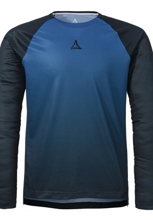 Langärmliges Sportshirt mit einem Farbverlaufs von Marineblau zu Schwarz, strukturiertem Stoff, Rundhalsausschnitt und einem kleinen dreieckigen Logo auf der Brust.