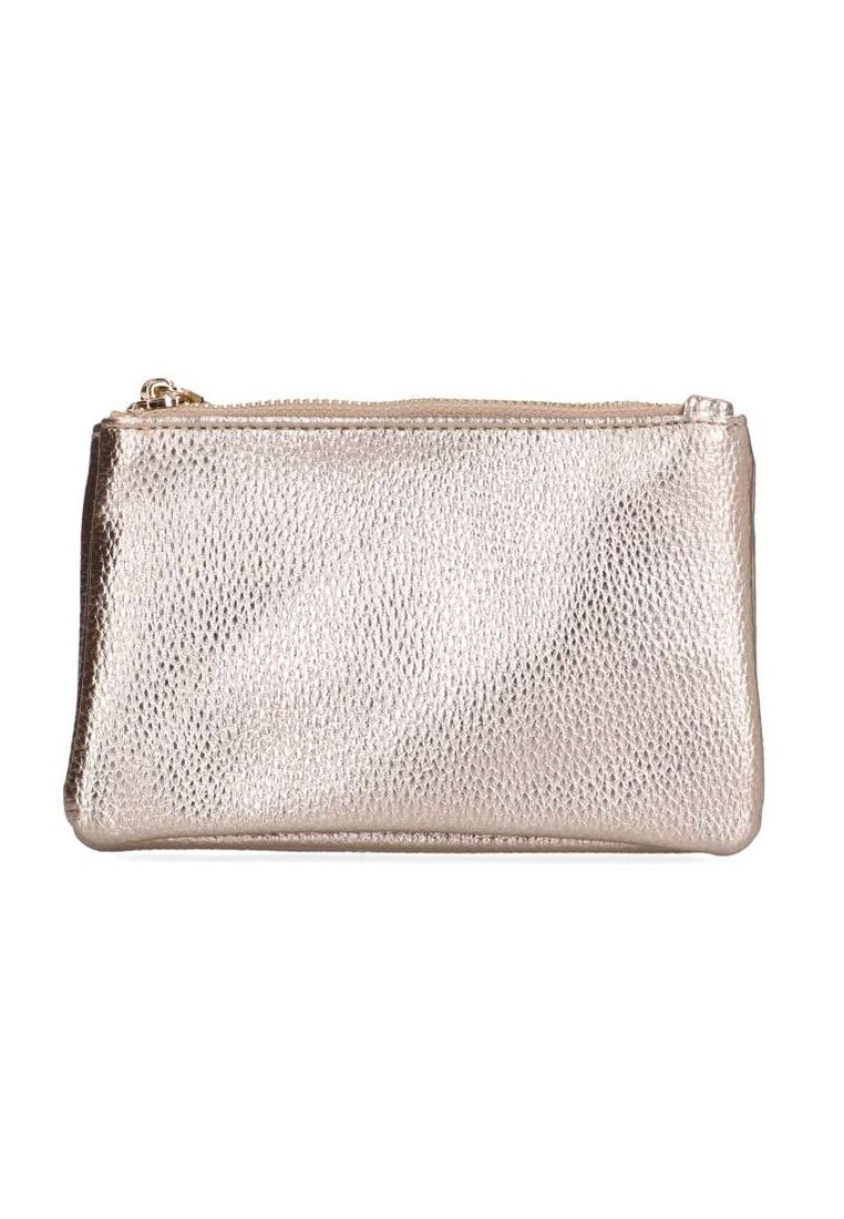 Funda con cremallera en color oro rosa metálico, con superficie texturizada, forma rectangular y bordes suaves. Presenta una cremallera y un tirador en tono dorado.