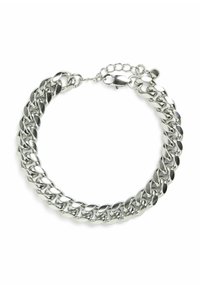 Bracelet en chaîne de métal argenté avec des maillons épais, doté d'un fermoir de type homard et d'une chaîne ajustable pour varier la taille. Finition lisse et polie.
