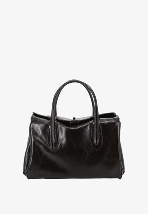 Black leather handbag with two rounded handles, structured shape, smooth texture, and metal clasp. No visible patterns or accents.