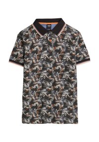 Korte mouw polo in zwart met een kleurrijk abstract bladpatroon. Heeft een zwarte kraag, een knoopsluiting met twee knopen en contrasterende afwerking.