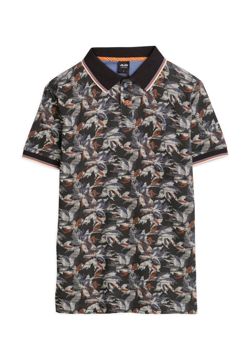 Korte mouw polo in zwart met een kleurrijk abstract bladpatroon. Heeft een zwarte kraag, een knoopsluiting met twee knopen en contrasterende afwerking.