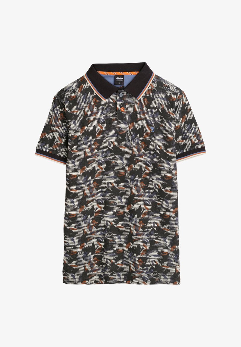 Korte mouw polo in zwart met een kleurrijk abstract bladpatroon. Heeft een zwarte kraag, een knoopsluiting met twee knopen en contrasterende afwerking.