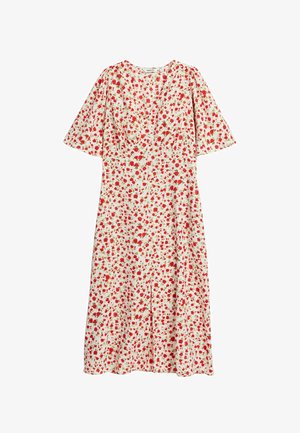 Blumenkleid mit weißem Hintergrund und roten sowie grünen Mustern, kurzen Flatterärmeln und einem knielangen, leicht A-förmigen Schnitt.