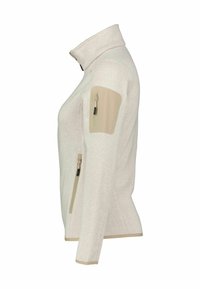 Lys beige zip-up jakke med høj krave og to sidelommer. Ærmerne har en tan-patch med en lynlåsdetalje. Struktureret stof.