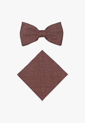 Brown textured fabric bow tie and matching pocket square on a white background.