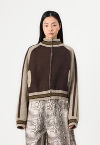 Knit zip-up jacket featuring a brown and beige color block design, ribbed collar, and striped accents. Paired with snake-patterned trousers.