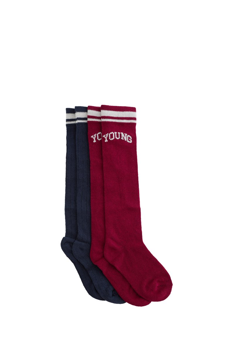 Tre paia di calze al ginocchio in blu navy e bordeaux, con polsini a righe bianche. Le calze bordeaux hanno ricamato "YOUNG".