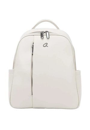 Zaino color crema con due cerniere superiori, tasca frontale verticale con cerniera, tasche laterali e un piccolo logo argento sulla parte frontale.