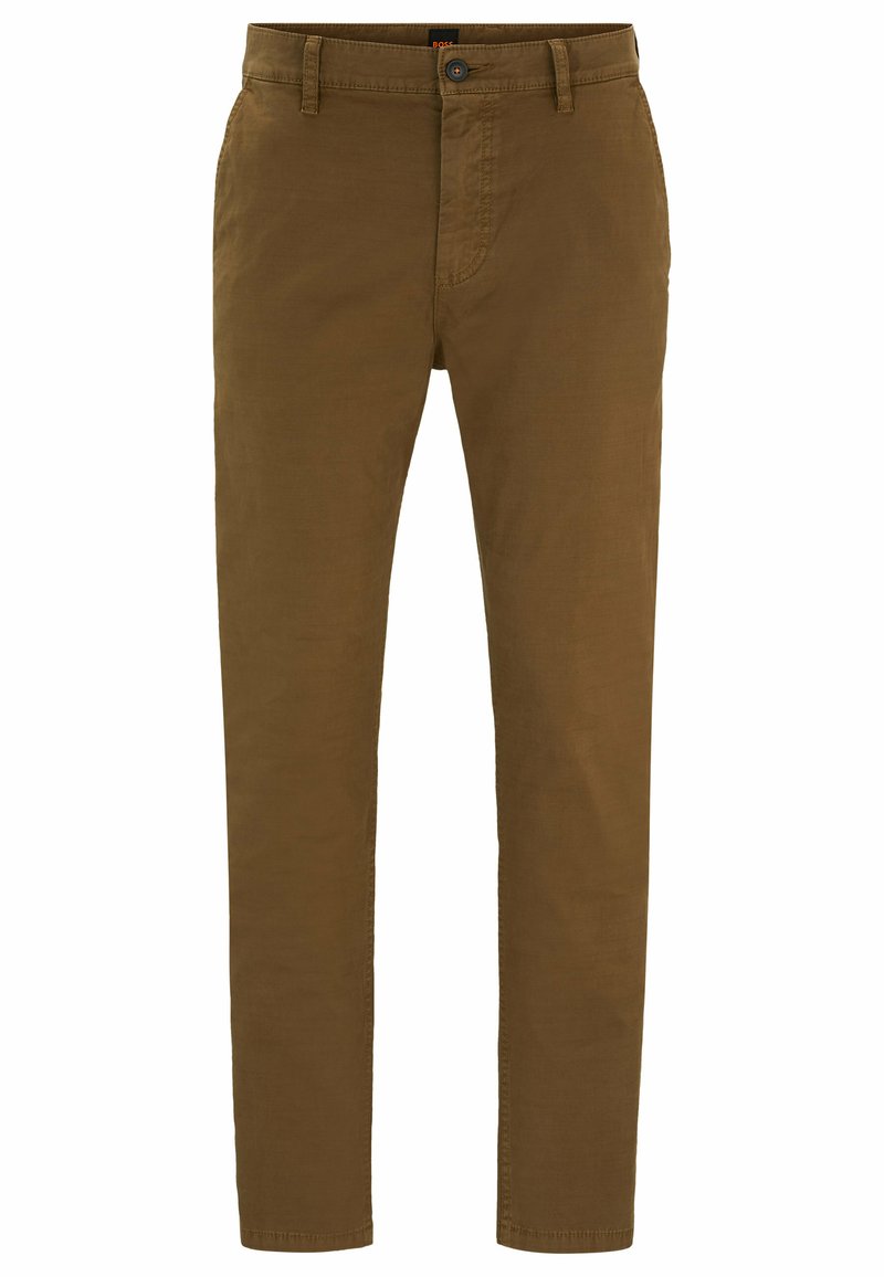 Pantalons slim-fit marron pour homme avec fermeture à bouton et à zip, passants de ceinture et poches latérales.