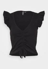 Top preto com textura canalizada, apresentando um decote em V, mangas curtas de babados e detalhe franzido na bainha com um laço. Textura suave por todo o lado.