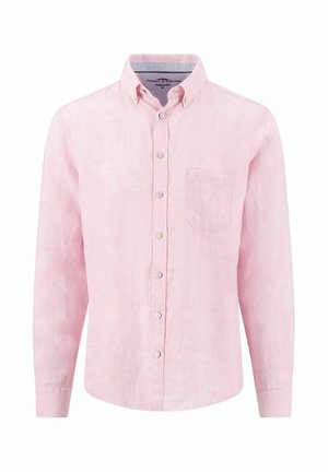 Hellrosa langärmliges Hemd mit Knopfleiste, Brusttasche und Knopfleiste am Kragen, vor weißem Hintergrund gezeigt.