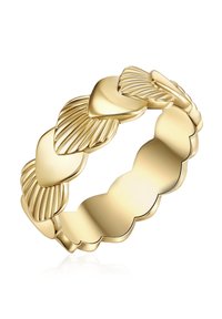 Guldtonad ring med sammanlänkade bladsformer med texturerade åsar och släta ytor, vilket skapar ett vågformat mönster. Cirkulärt banddesign.