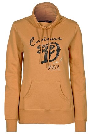 Bluza z kapturem w kolorze musztardowym, z kominem, sznurkiem, przednią kieszenią i nadrukowanym tekstem. Wykonana z miękkiej tkaniny z prążkowanymi mankietami.