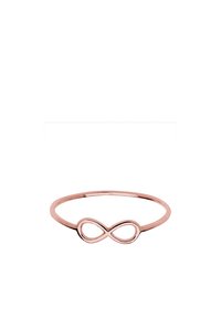 Roségoldarmband mit einem eleganten, kreisförmigen Unendlichkeitssymbol in der Mitte. Glatte, polierte Oberfläche und dünnes Banddesign.