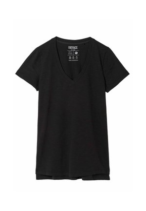 Sort kortærmet V-hals T-shirt til kvinder med FatFace-mærke og vaskeanvisninger trykt inde i kraven.