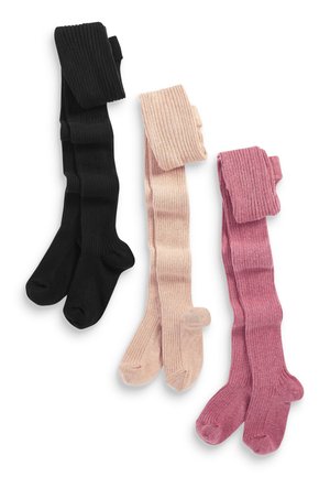 Tre paia di collant a costine: neri, rosa chiaro e rosa scuro. Ogni paio presenta una texture morbida e una cintura comoda per un facile utilizzo.