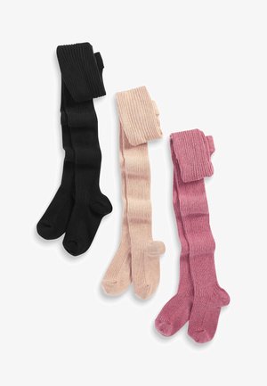 Tre paia di collant a costine: neri, rosa chiaro e rosa scuro. Ogni paio presenta una texture morbida e una cintura comoda per un facile utilizzo.