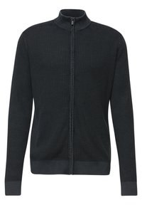 Cardigan noir en tricot avec fermeture éclair intégrale, col haut, manches longues, poignets et ourlet côtelés.