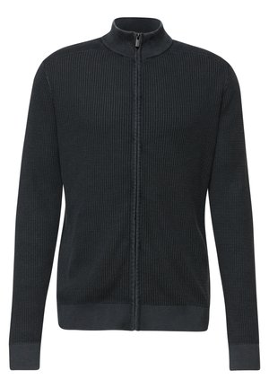 Cardigan nero lavorato a maglia con chiusura integrale a zip, collo alto, maniche lunghe e polsini e orlo a costine.