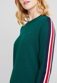 Grüner Pullover mit Rundhalsausschnitt und seitlichen Streifen in Marineblau, Rot und Weiß. Verfügt über ein kleines Logo auf der Brust. Aus Strickmaterial hergestellt.