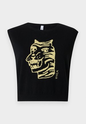 Czarna dzianinowa kamizelka bez rękawów z żółtą stylizowaną twarzą tygrysa i napisem "RVCA" na środku przodu.