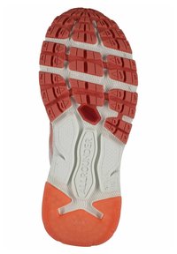 Suola della scarpa in gomma rossa e bianca con un motivo di grip testurizzato che presenta sezioni rialzate distinte e il marchio "ALLGRIP" al centro.