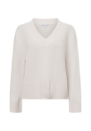V-hals pullover trui in lichtbeige, gemaakt van zacht breimateriaal, met geribbelde boorden en onderrand, met een losse pasvorm en een effen textuur.