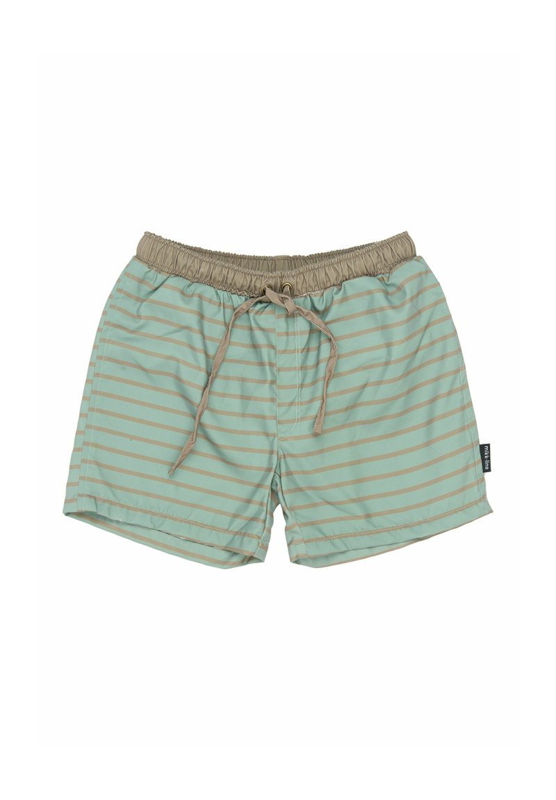 Costume da bagno verde chiaro con strisce beige orizzontali, vita elastica, cordino e etichetta laterale. Tessuto leggero e taglio casual.