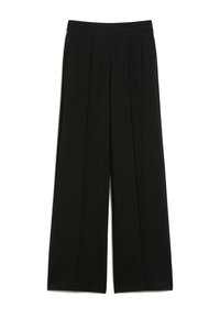 Pantaloni neri a gamba larga con una texture liscia, caratterizzati da pieghe frontali e tasche laterali, progettati per una vestibilità ampia. Vita elasticizzata.