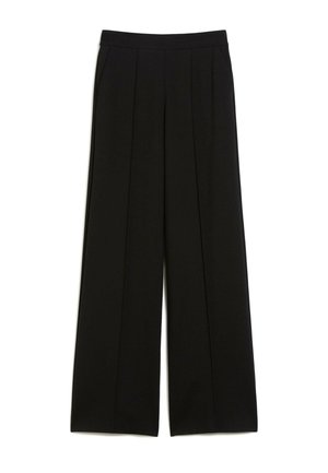 Schwarze weite Hosen mit glatter Textur, vorne mit Falten und Seitentaschen, für eine lockere Passform gestaltet. Elastischer Bund.