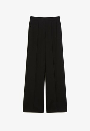 Schwarze weite Hosen mit glatter Textur, vorne mit Falten und Seitentaschen, für eine lockere Passform gestaltet. Elastischer Bund.