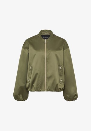 Oliwkowa bomberka z zamkiem z przodu, bocznymi kieszeniami na zatrzask i ściągaczem u dołu. Wykonana z gładkiego, błyszczącego materiału z okrągłym kołnierzem.