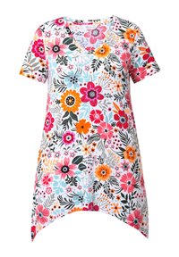 Túnica corta de manga corta en blanco, con flores multicolores en rosa, naranja y azul. Diseño de escote en V con un bajo curvado.