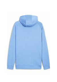 Sudadera azul claro con una textura suave, mangas largas y capucha forrada. Presenta un corte relajado y puños y dobladillo de canalé.