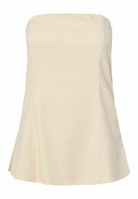 Haut beige bustier avec une légère évasement à l'ourlet, texture lisse et détails discrets de coutures à l'avant et sur le côté.