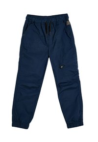 Marineblauwe broek met elastische tailleband en trekkoordsluiting, twee zijzakken en een cargozak op het rechterbeen. Gladde, lichtgewicht stof.