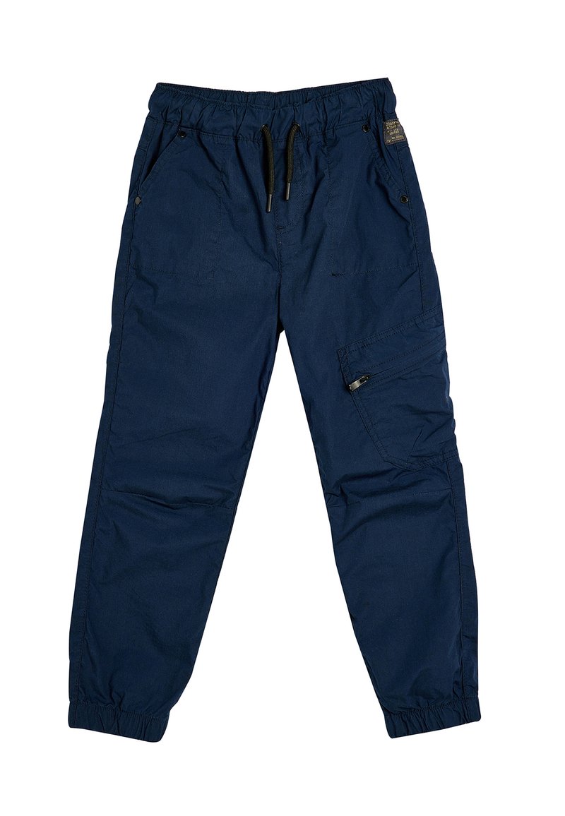 Marineblauwe broek met elastische tailleband en trekkoordsluiting, twee zijzakken en een cargozak op het rechterbeen. Gladde, lichtgewicht stof.