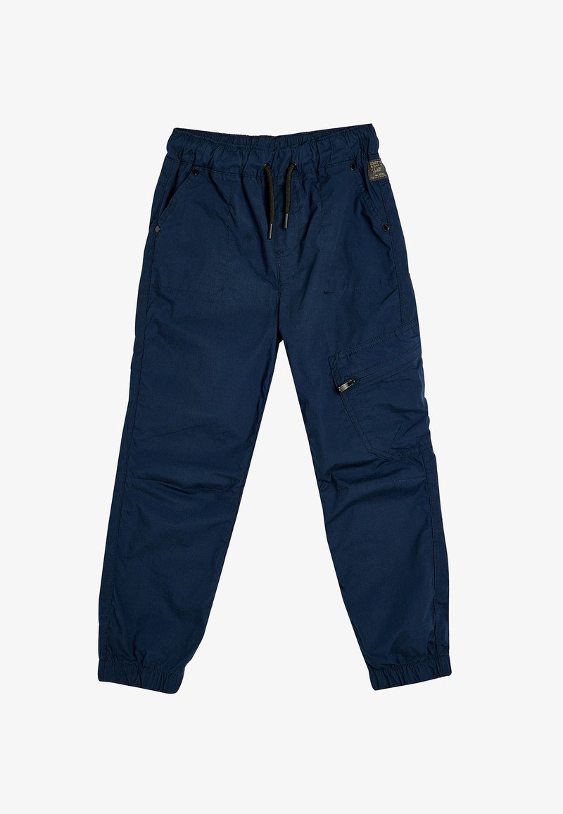 Marineblaue Hose mit elastischem Bund und Kordelzug, zwei Seitentaschen und einer Cargo-Tasche am rechten Bein. Glattes, leichtes Material.