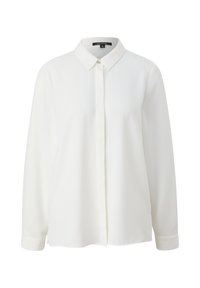 Chemise blanche à manches longues avec col, boutonnée sur le devant, et texture subtilement côtelée. Comprend des manches avec poignets et un ourlet arrondi.