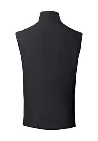 Gilet senza maniche nero con colletto alto, tessuto morbido, cuciture sulle spalle anteriori e orlo curvo. I dettagli a pannelli aggiungono struttura al retro.
