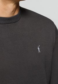 Ciemnoszary sweter z prążkowanym dekoltem i małym haftowanym logo na lewej piersi. Miękki, teksturowany materiał, dopasowany krój.