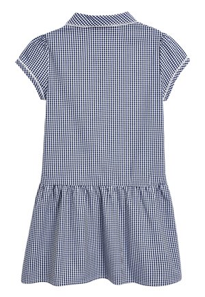Abito in tessuto a quadretti con motivo navy e bianco, maniche corte, colletto e una gonna svasata con orlo arricciato.