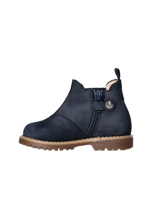 Stivale alla caviglia blu navy in pelle liscia, con zip laterale, punta rotonda, suola in gomma marrone a contrasto e dettagli di cucitura.