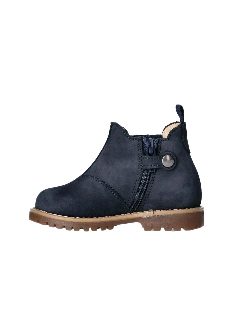 Stivale alla caviglia blu navy in pelle liscia, con zip laterale, punta rotonda, suola in gomma marrone a contrasto e dettagli di cucitura.