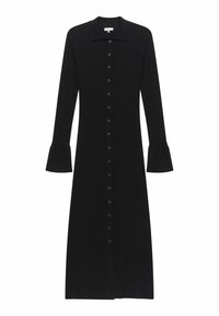 Robe noire côtelée avec un col, des manches longues et des poignets évasés. Fermée par des boutons sur le devant.